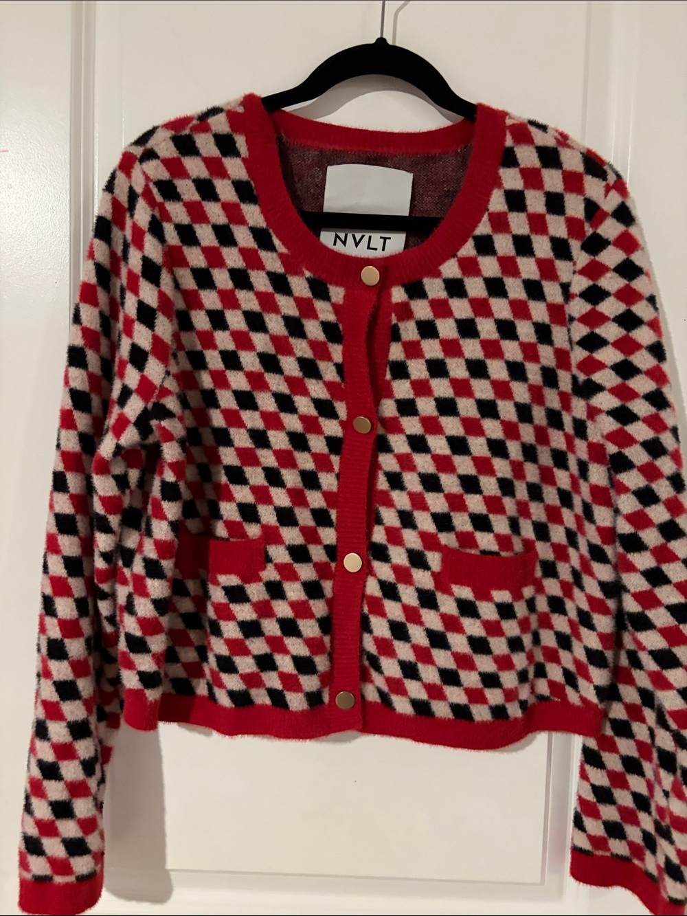 NVLT Red, Black & Cream Geometric Knit Cardigan